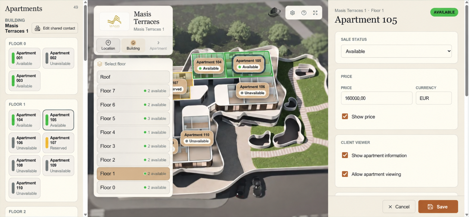 ViziaFlow admin panel where a developer independently manages apartment availability, building parameters, and every apartment’s prices, visibility and contacts