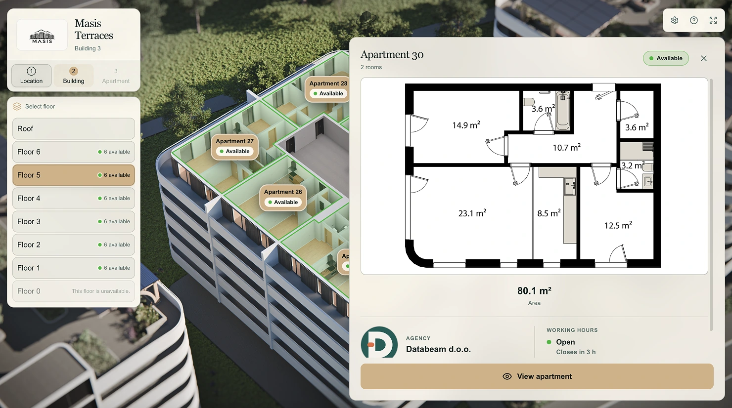 ViziaFlow apartment detail card showing the floor plan, area and sales contact
