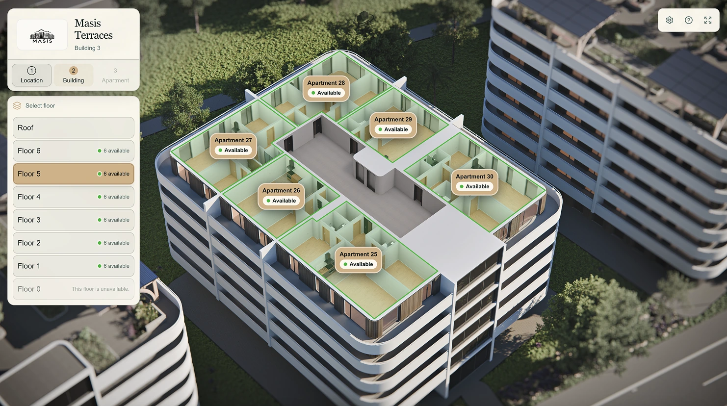 ViziaFlow cutaway of a building floor showing apartment availability