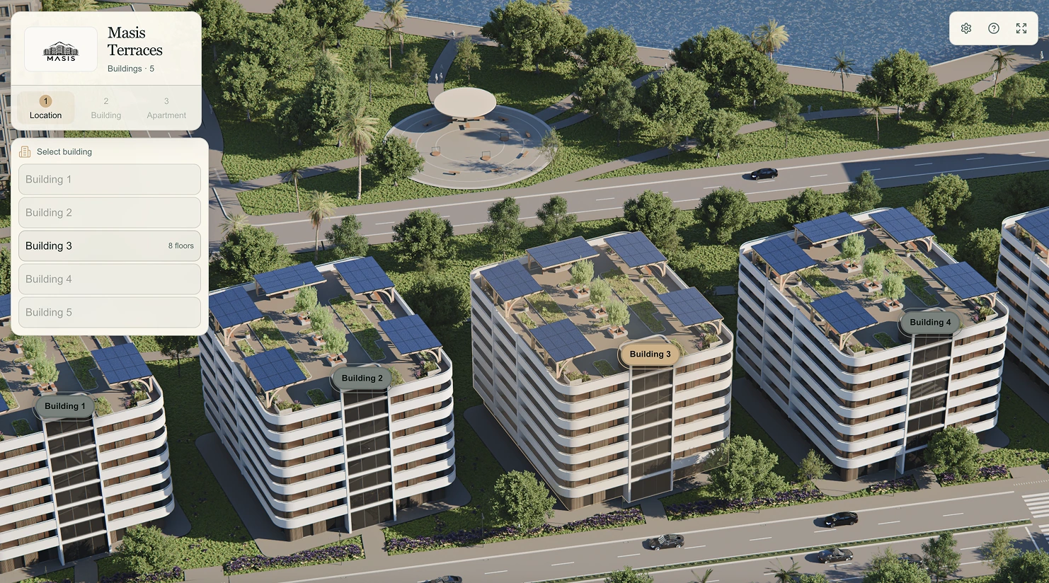 ViziaFlow interface showing a residential development and its surroundings