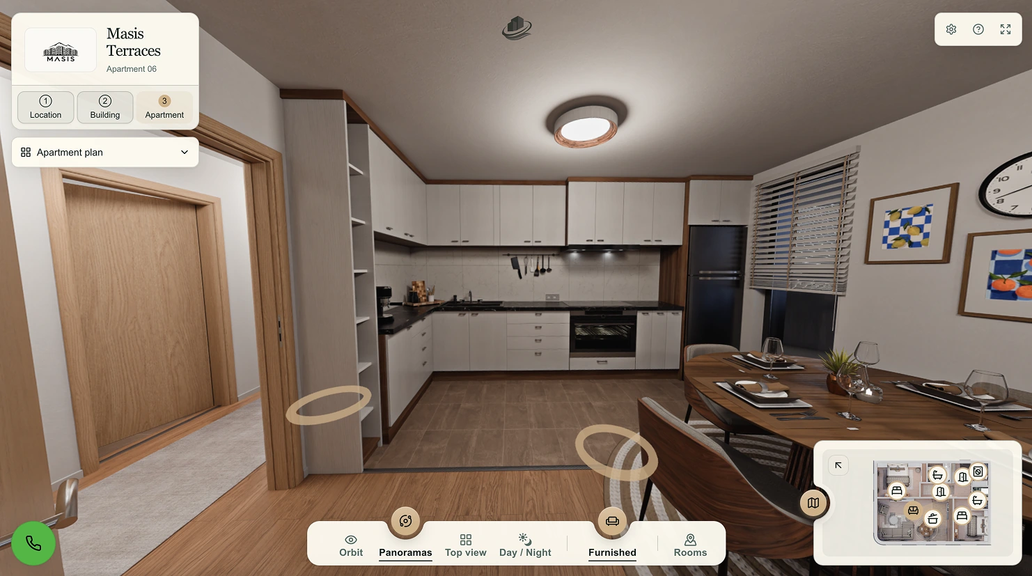 ViziaFlow panoramic kitchen and dining room with furniture and room navigation