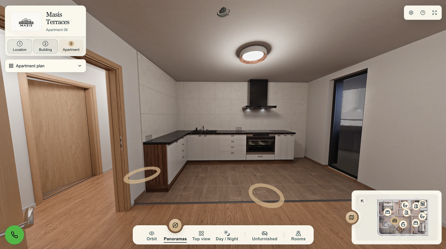 The same ViziaFlow panoramic kitchen without loose furniture, showing the available space