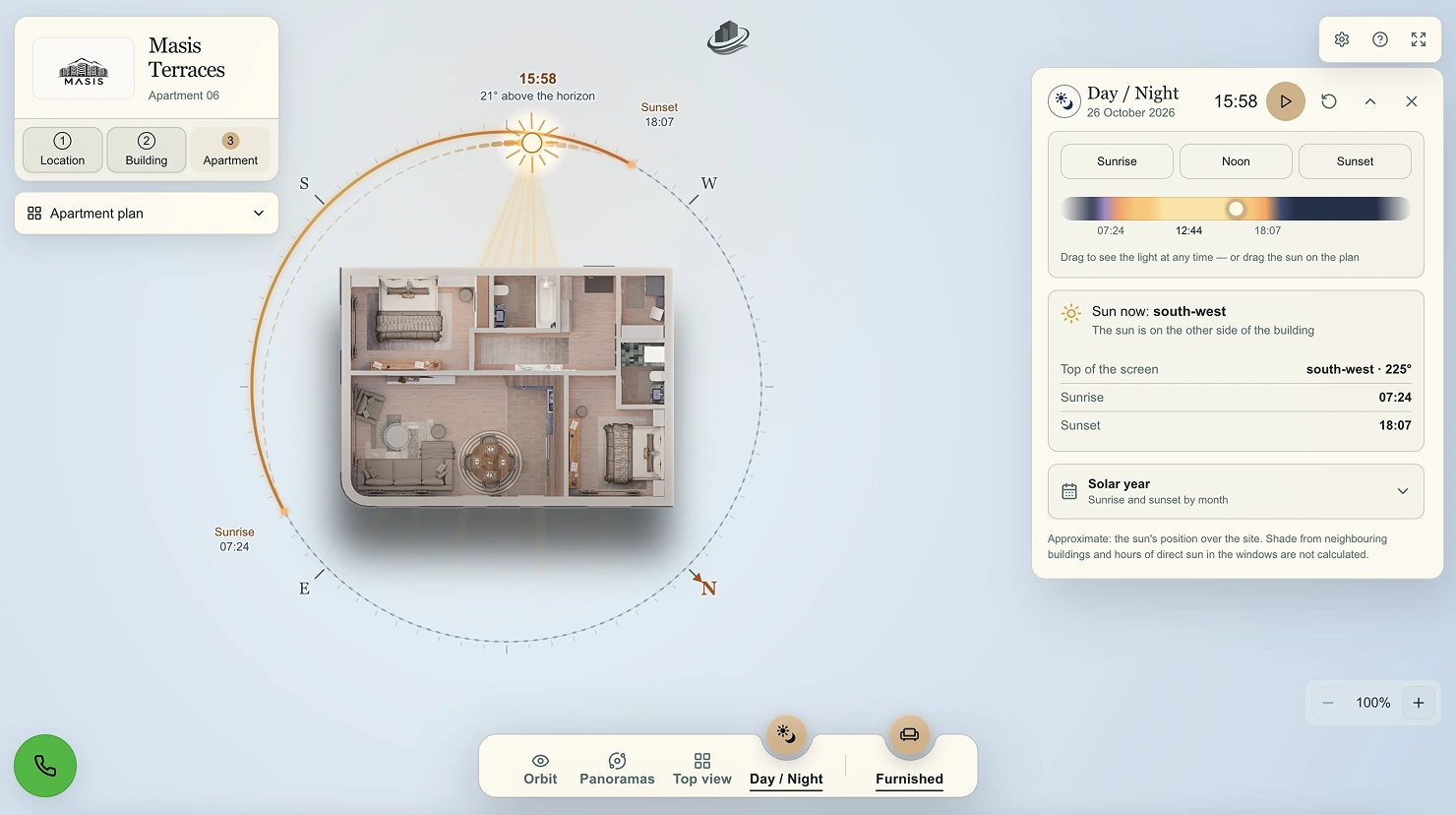 ViziaFlow Day / Night mode showing the approximate sun position around an apartment